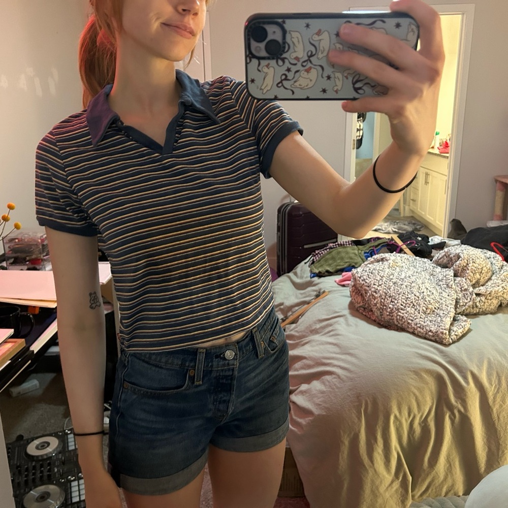 Striped Polo Shirt with Denim Shorts